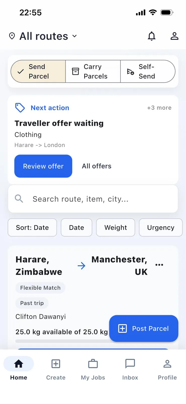 Mureza app home screen showing trip browsing and next action card
