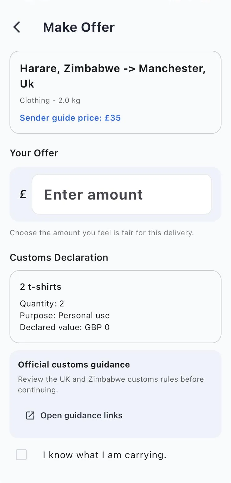 Mureza make offer screen with customs declaration checklist
