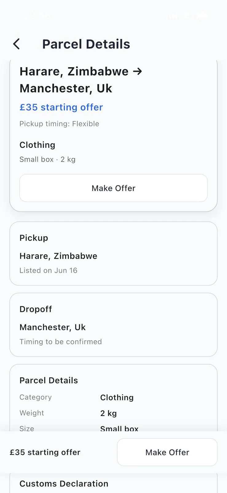 Mureza parcel details screen showing route and make offer button